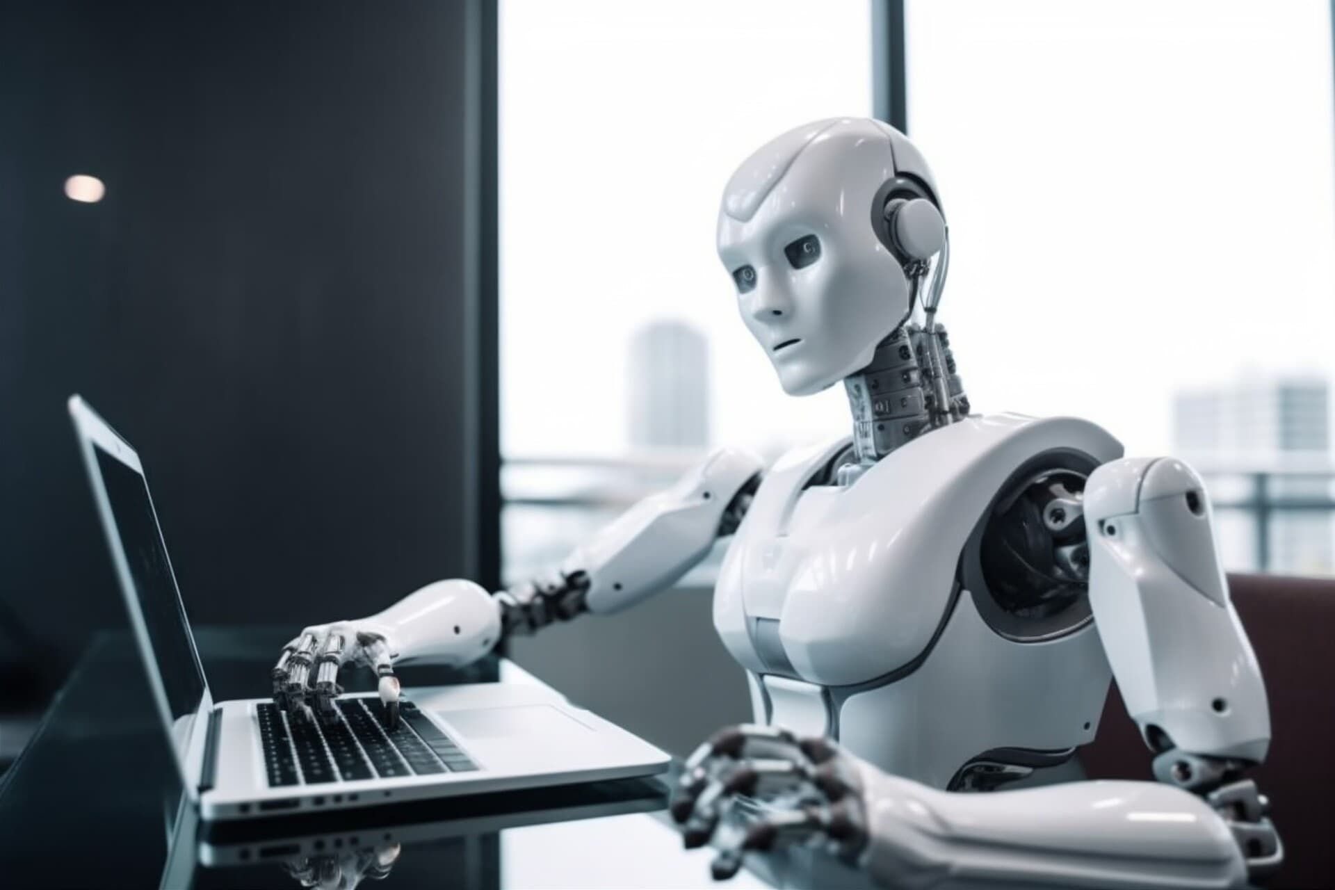 Stock image of a humanoid robot typing on a laptop at an office desk, symbolizing automated tax data entry