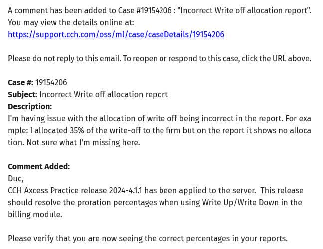 CCH support ticket confirming the 2024-4.1.1 release fixes the write-off allocation proration percentages