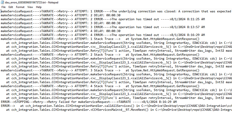 DAU error log opened in Notepad showing repeated failed retry attempts and a stack trace for a timed-out TAXRATE service request