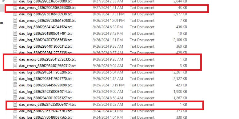 Windows File Explorer view of the DAU log folder with several dau_errors log files highlighted, showing the daily log and error files an admin must check manually