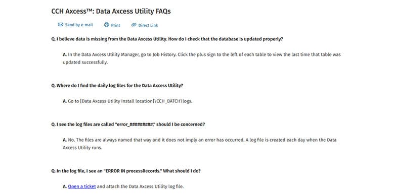 CCH Axcess Data Axcess Utility FAQ page listing common troubleshooting questions, including how to check for missing data and where to find daily log files