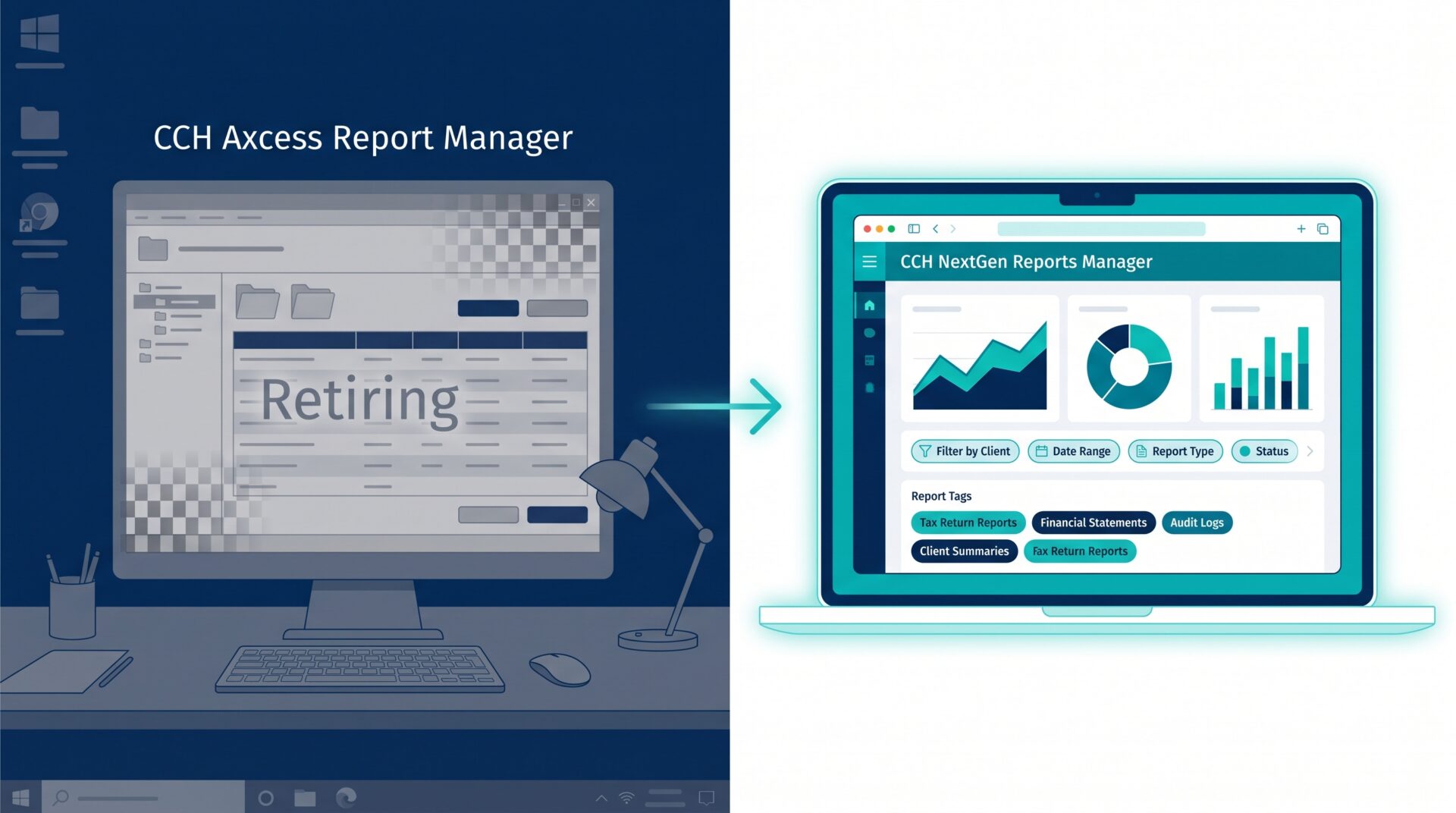 CCH NextGen Reports Manager browser interface replacing the legacy CCH Axcess Report Manager desktop app, accessible on macOS and Windows