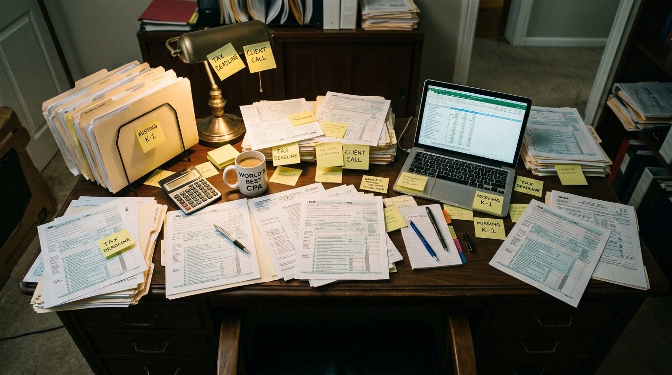 CPA firms 1040 tax season desk overloaded with source documents and deadlines