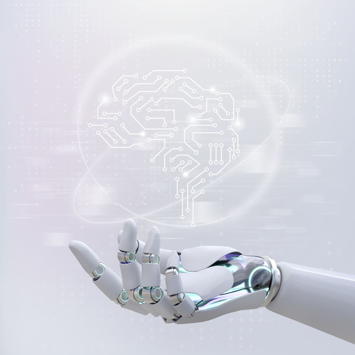 Robotic hand holding a circuit-board brain, representing AI-assisted accounting workflows